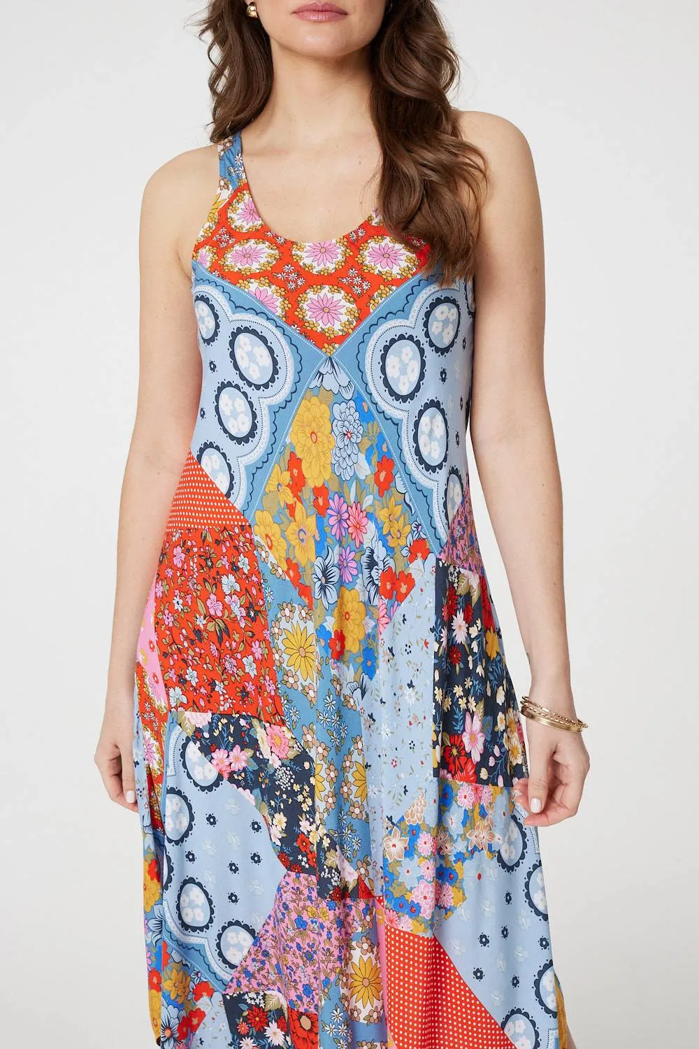 Patchwork Print Sleeveless Midi Dress