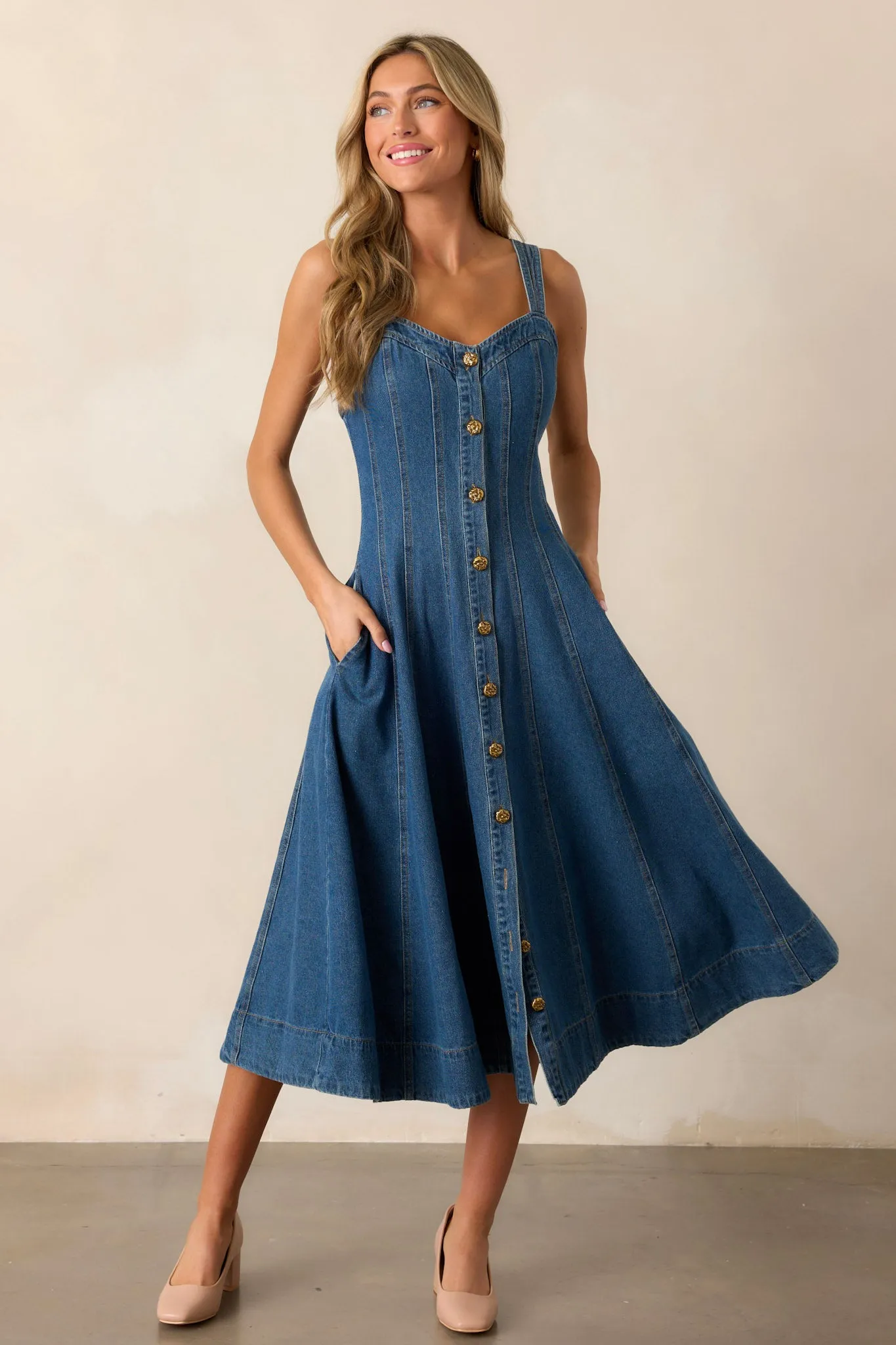 Quiet Moments Dark Wash Denim Midi Dress