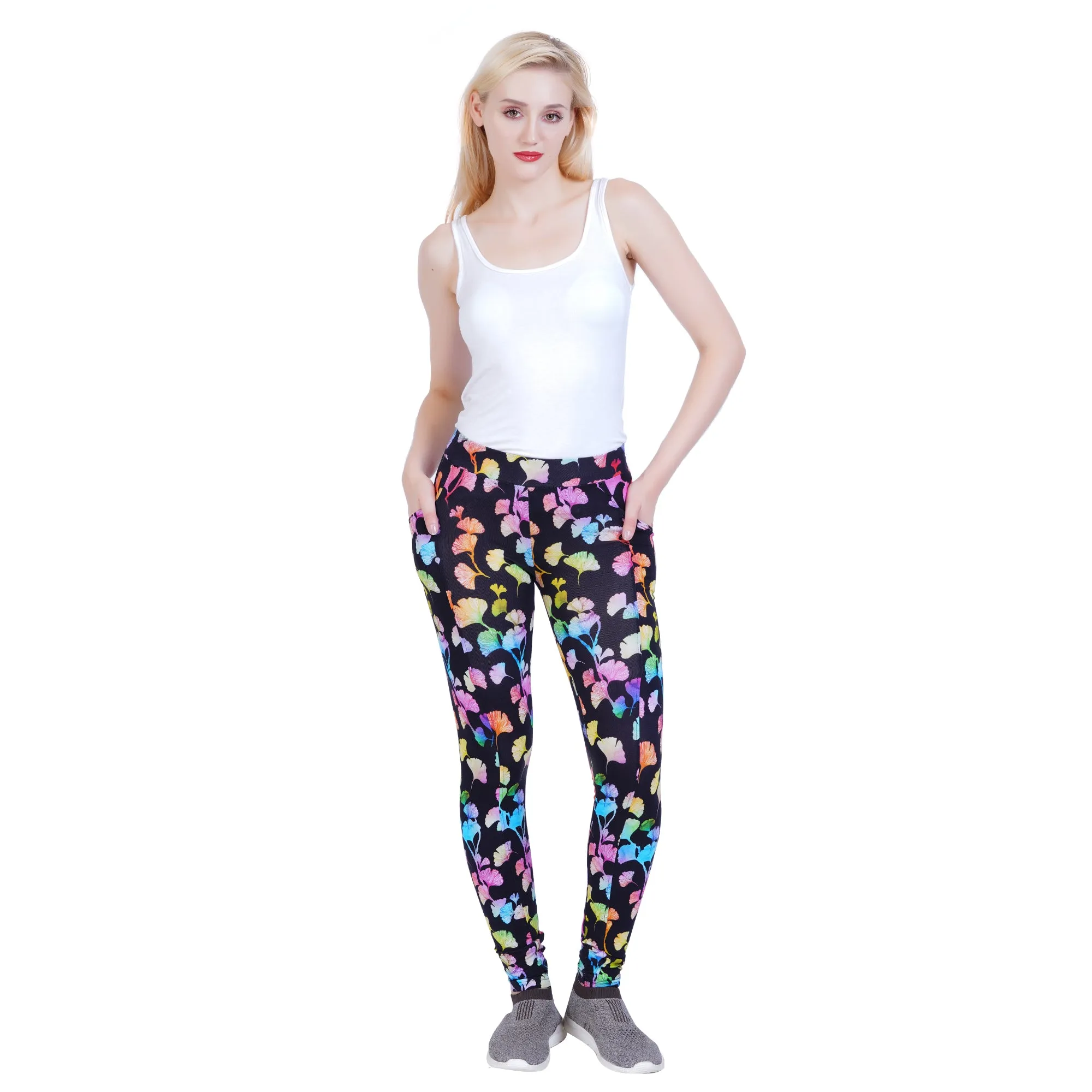 Rainbow Ginkgo Leaves Adults Leggings with Pockets