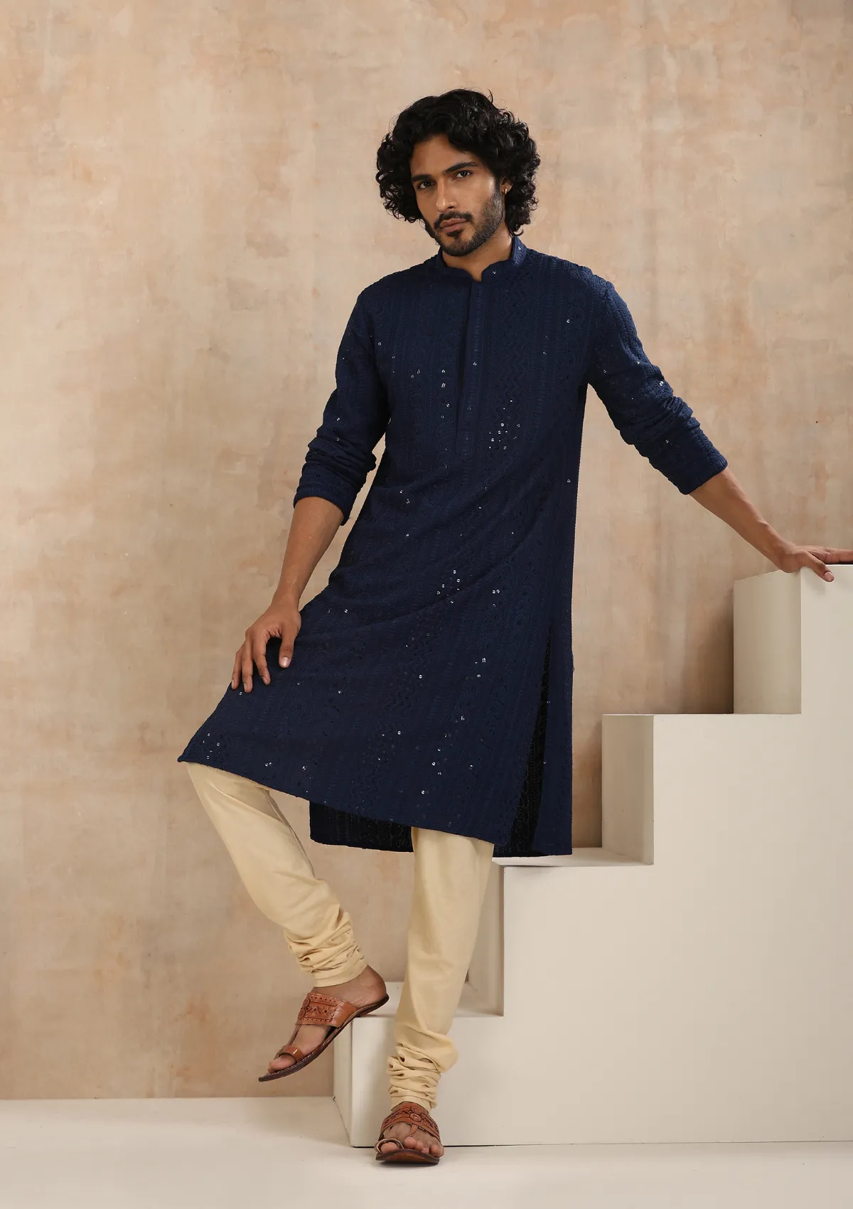 Rayon Schiffli Solid Men's Long Kurta- Navy Blue