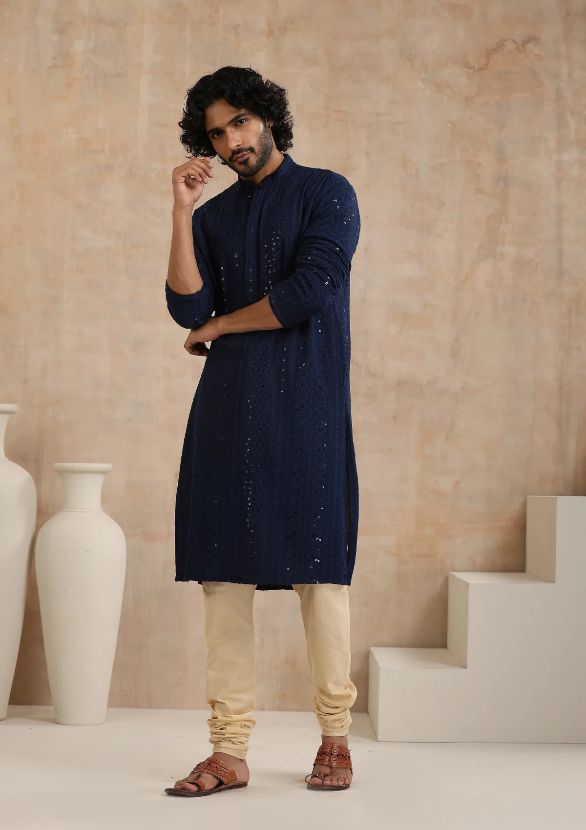 Rayon Schiffli Solid Men's Long Kurta- Navy Blue