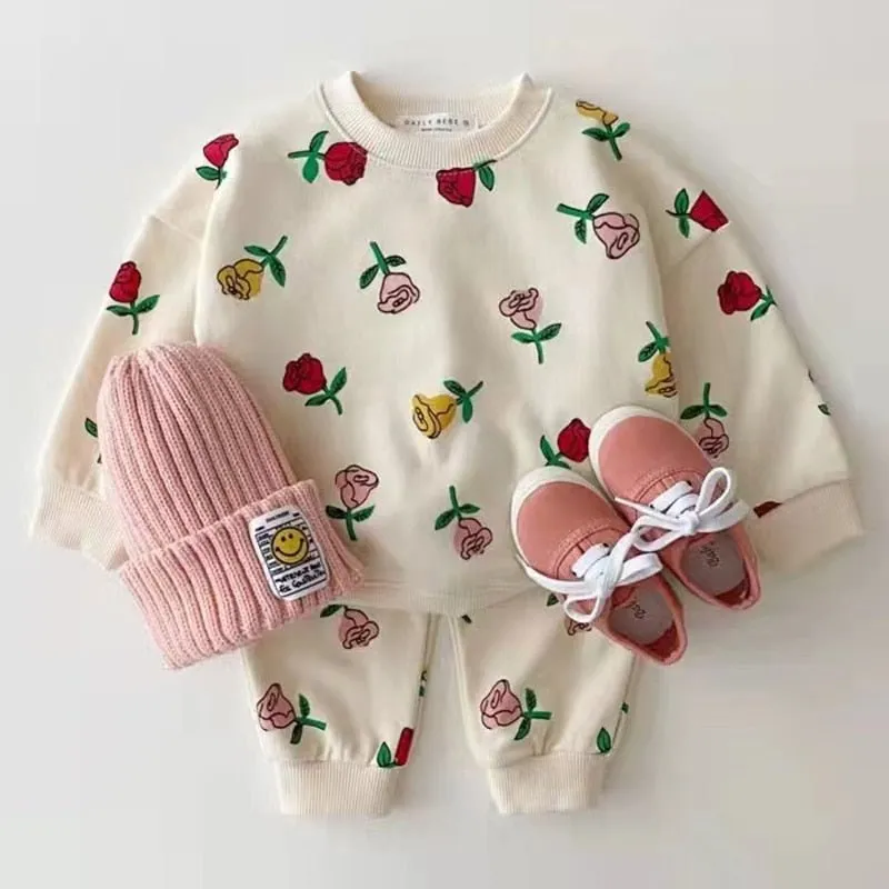 Rose Heart Cartoon Print Sweatshirt and Joggers Set - Kids Sizes 9M-6Y