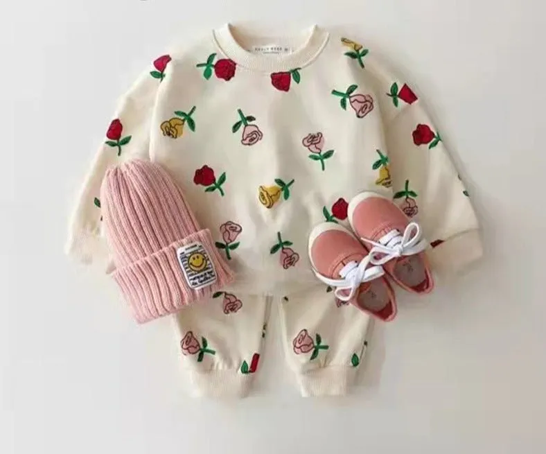 Rose Heart Cartoon Print Sweatshirt and Joggers Set - Kids Sizes 9M-6Y