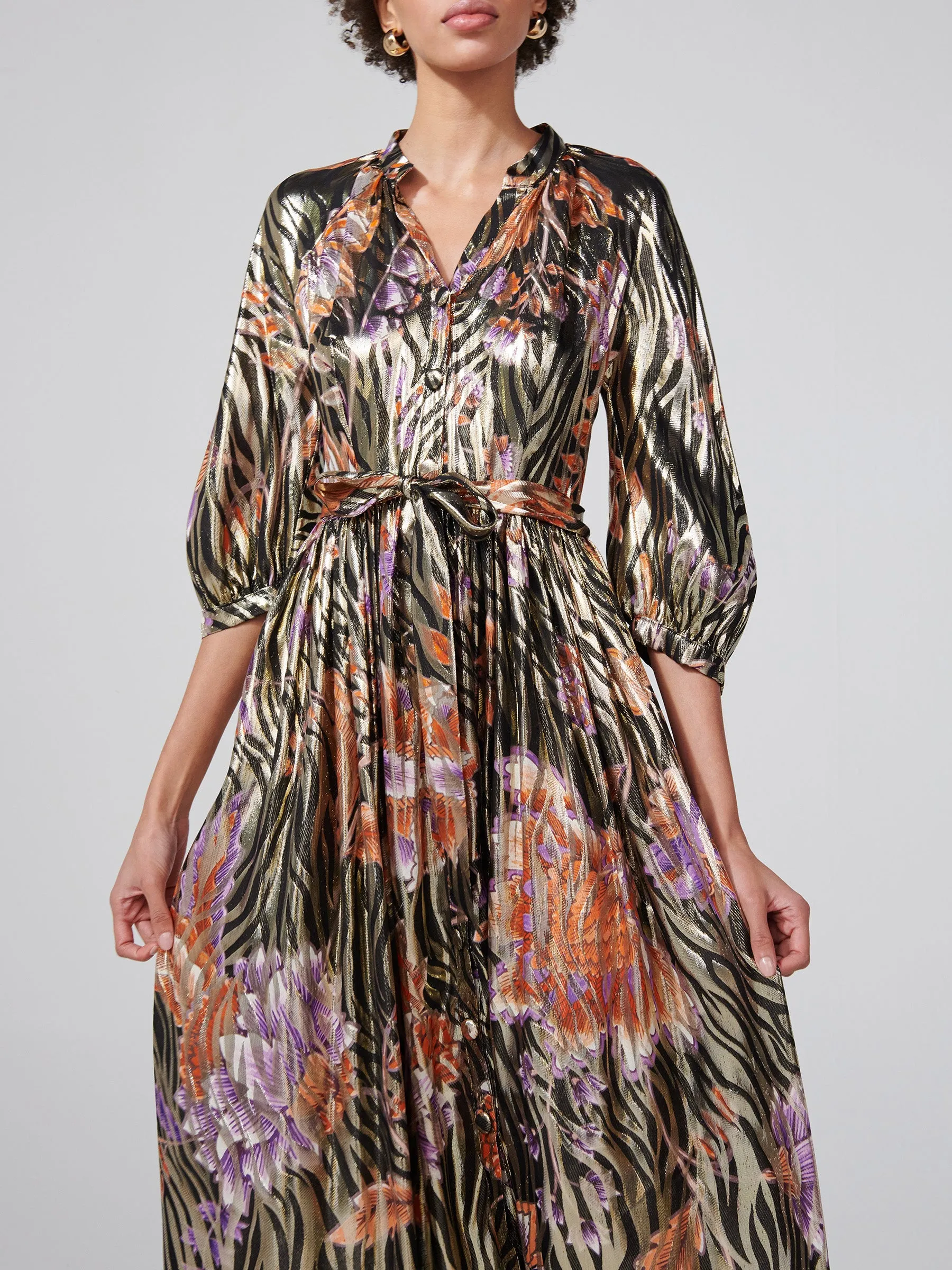 Shimmering Jesse Silk Lurex Jacquard Volume Shirt Dress