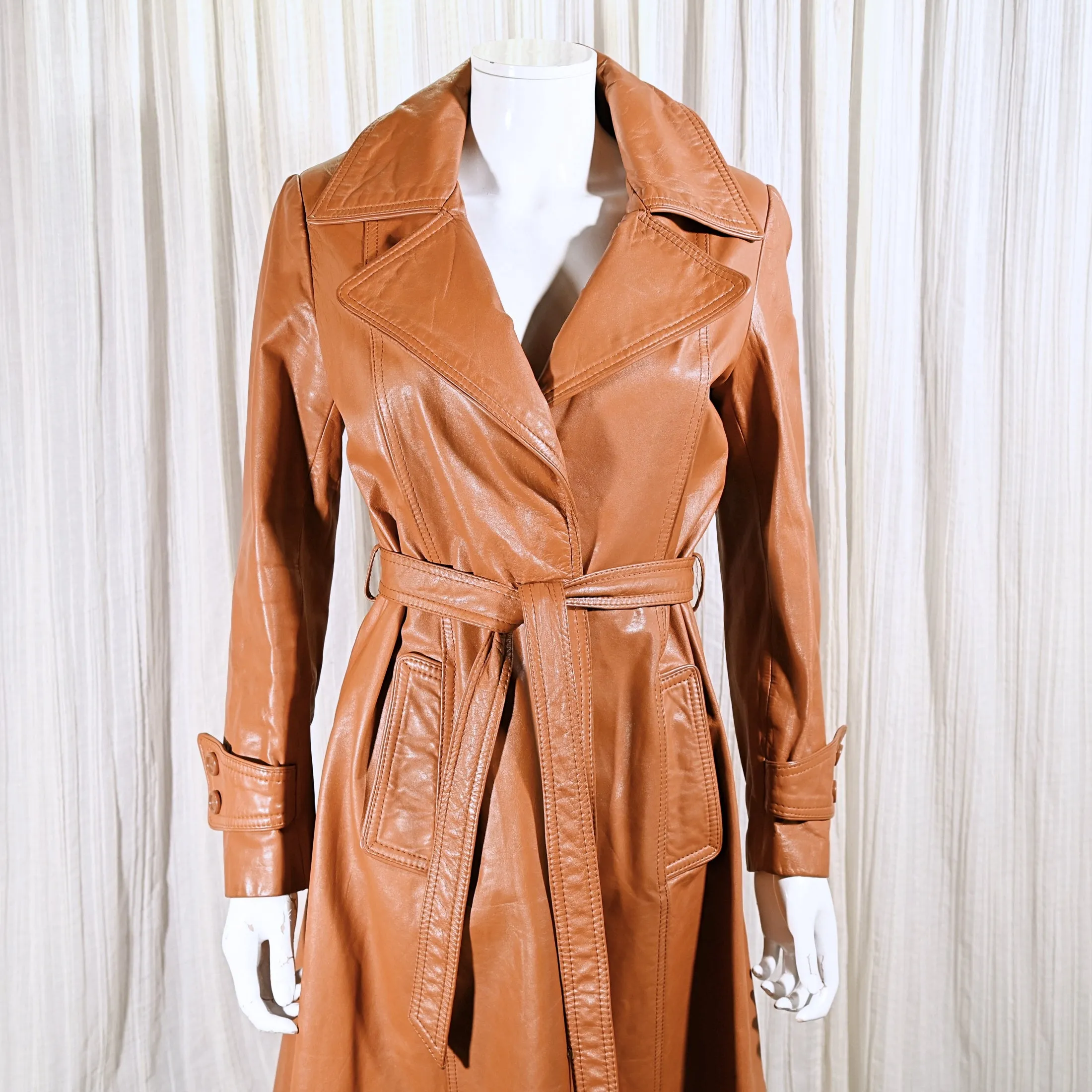 SOLD Vintage 70s Leather Trench Coat, 1970s Leather Midi Coat, Jet Set of Calif S