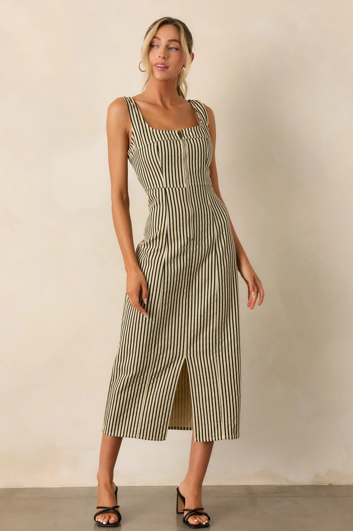 Timeless Beauty Black Stripe Zip Front Denim Maxi Dress