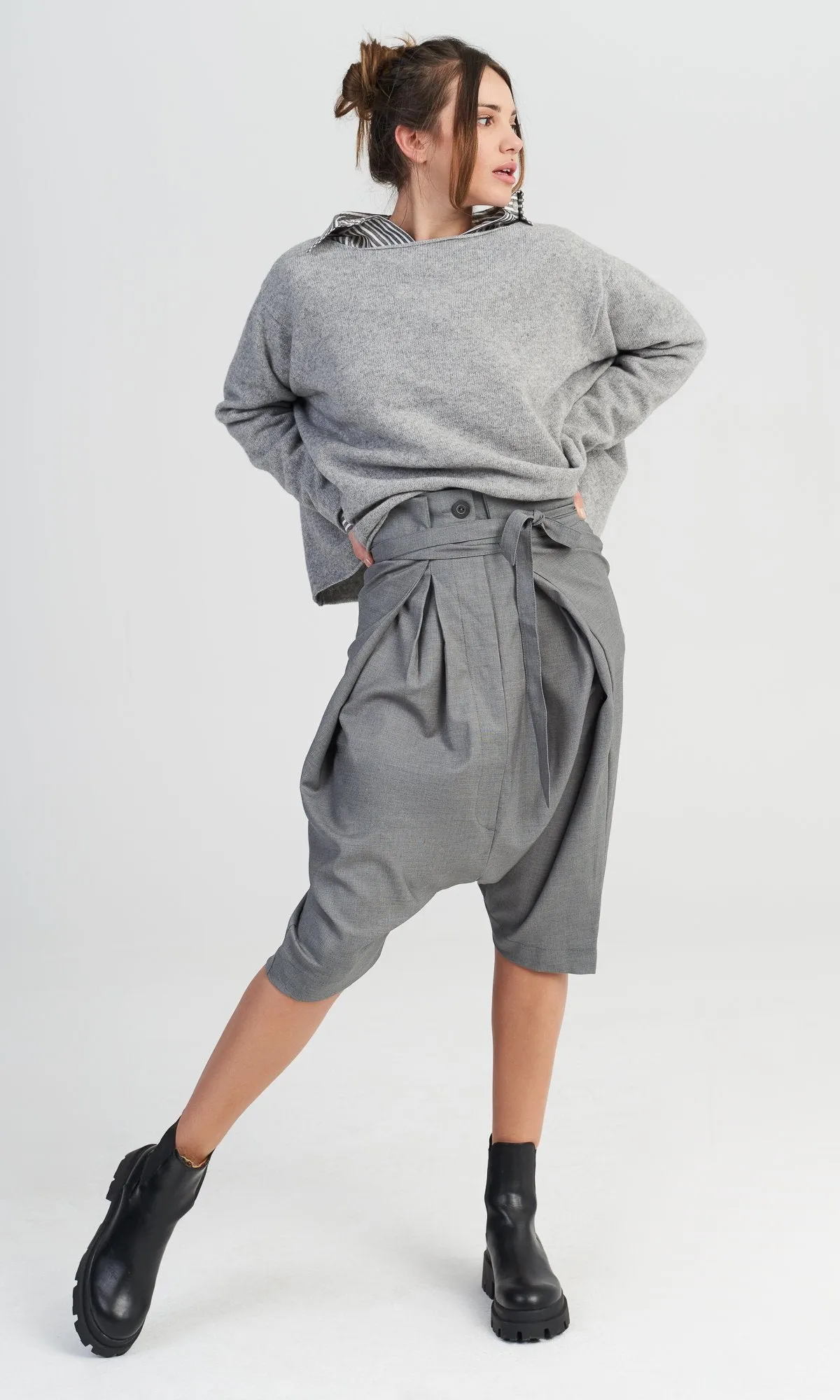 Waist Wrap Bermuda Pants with Drop Crotch