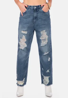 Washed Distressed Straight Denim Pants