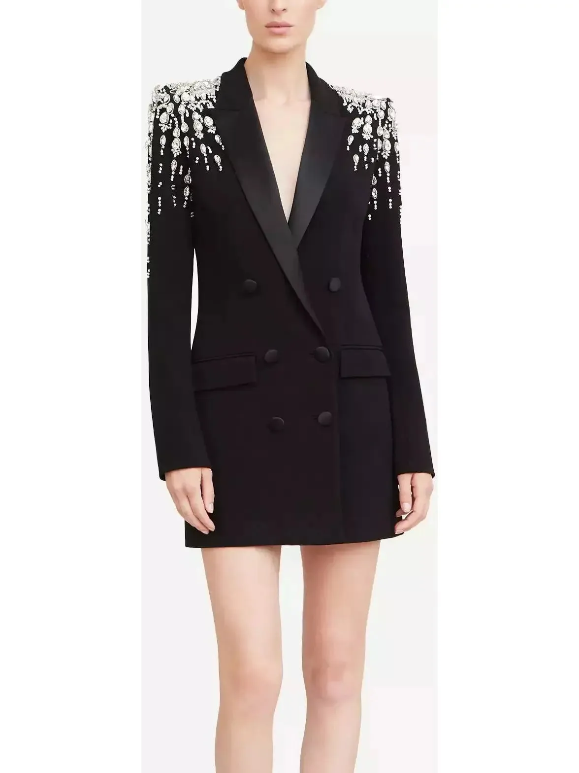 Women’s Beaded Embellished Double-Breasted Long Black Cady Blazer