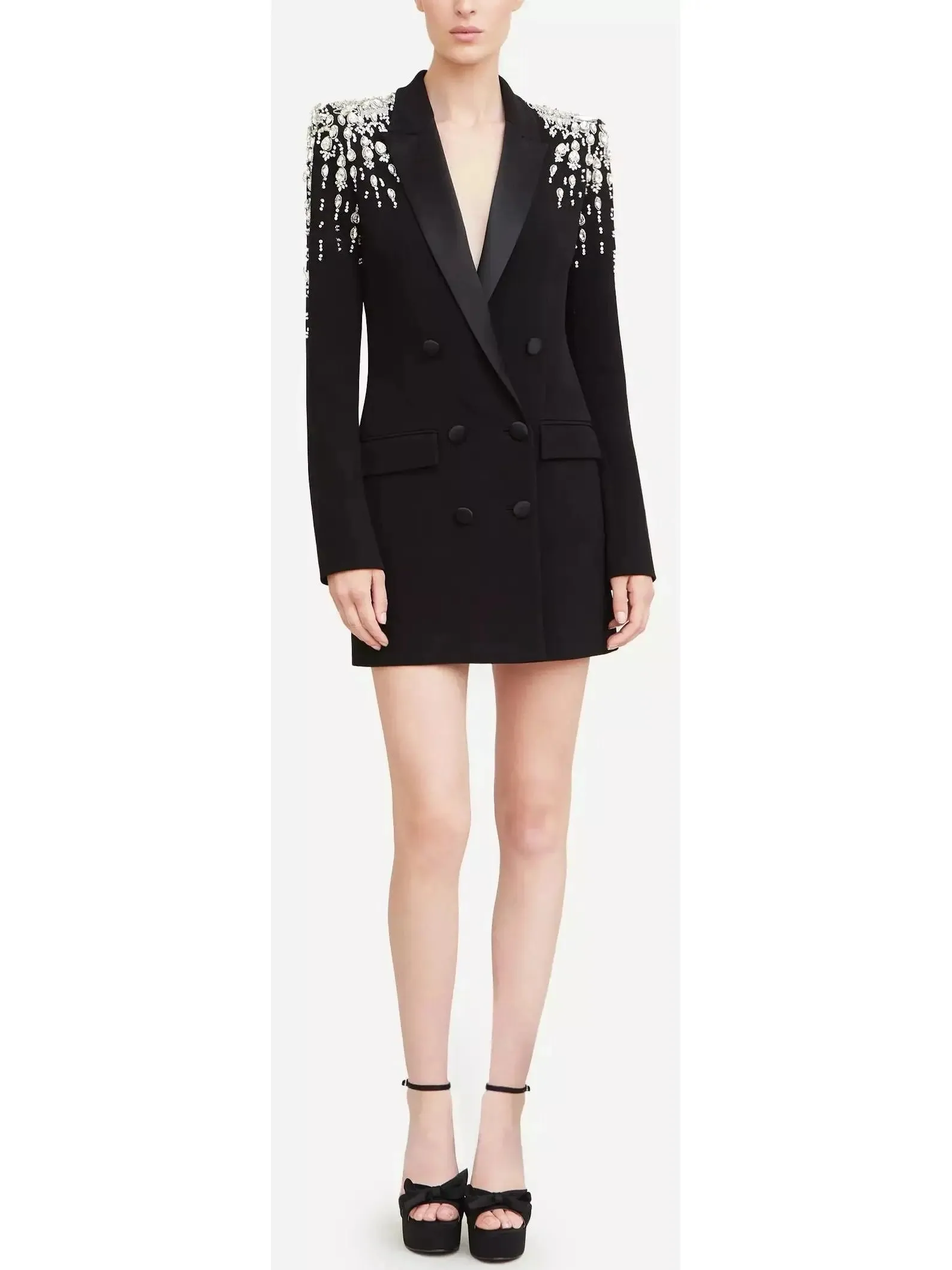 Women’s Beaded Embellished Double-Breasted Long Black Cady Blazer