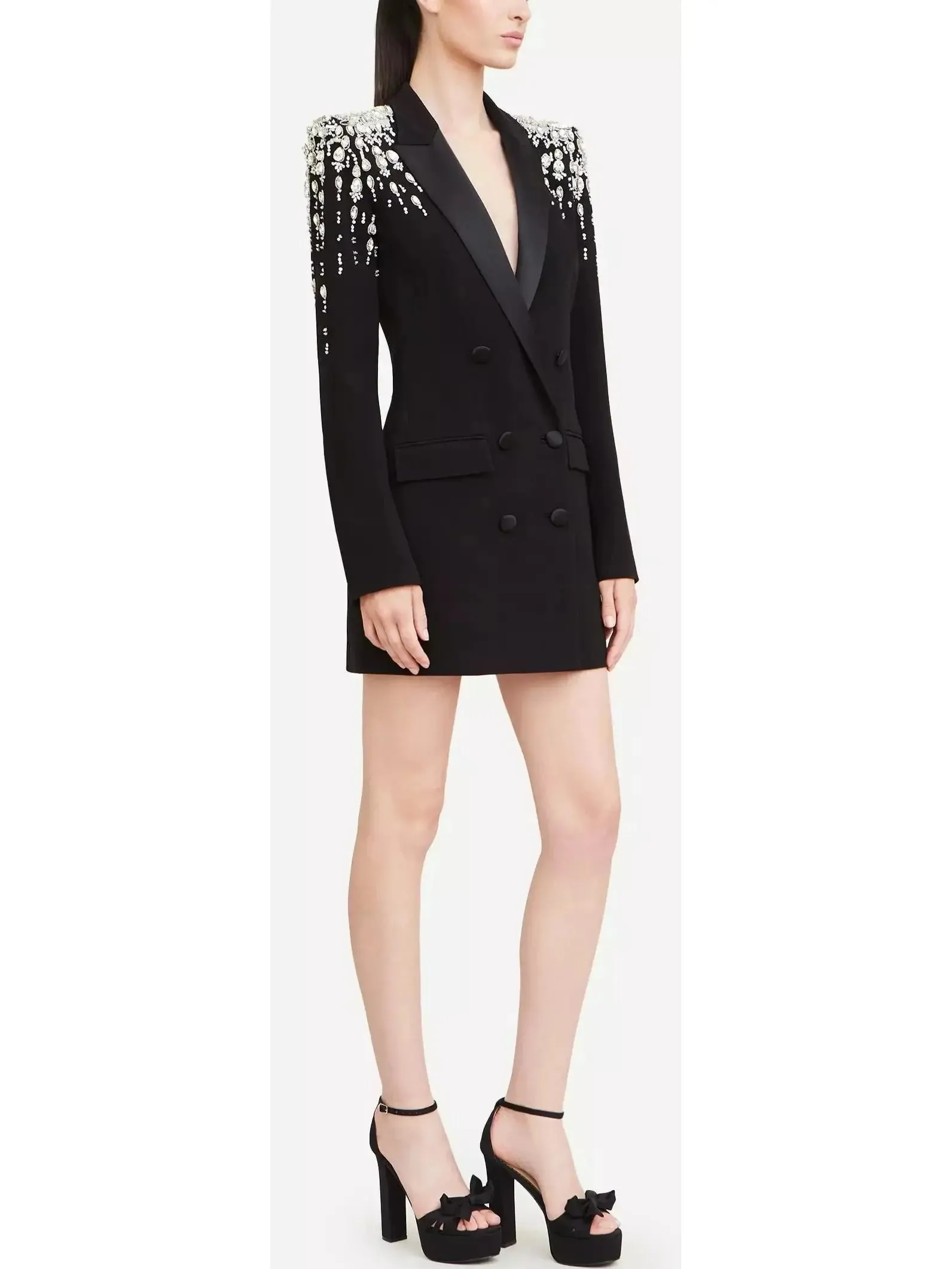 Women’s Beaded Embellished Double-Breasted Long Black Cady Blazer