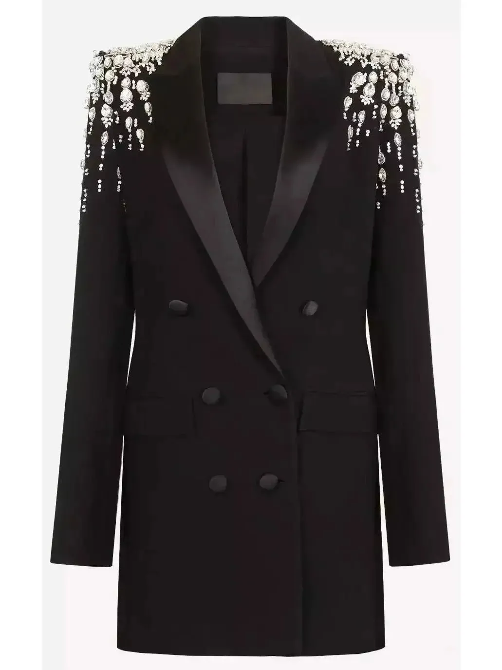 Women’s Beaded Embellished Double-Breasted Long Black Cady Blazer