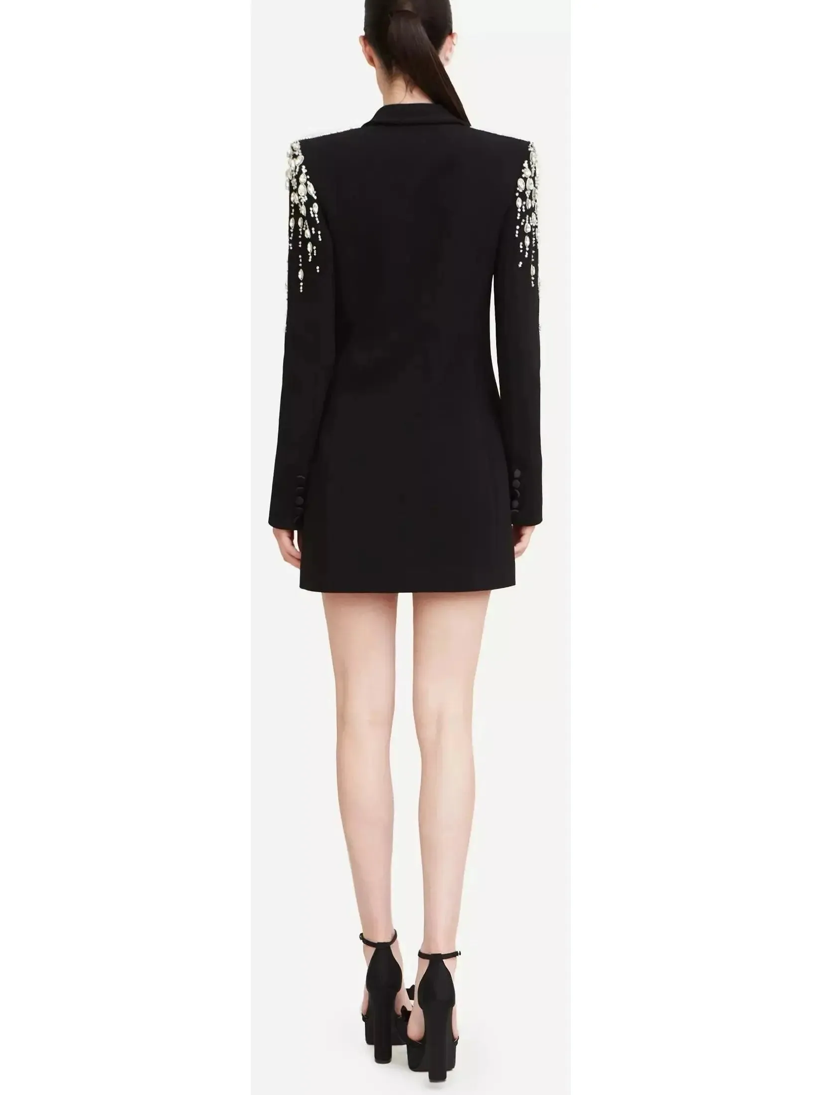 Women’s Beaded Embellished Double-Breasted Long Black Cady Blazer