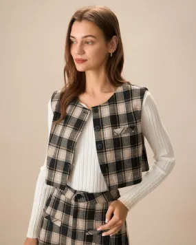 Women's Black Plaid Single-Breasted Vest